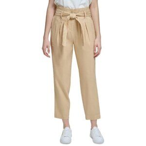 Calvin Klein Women's Linen Blend High-Rise Tie-Waist Dress Pants, Beige NWT